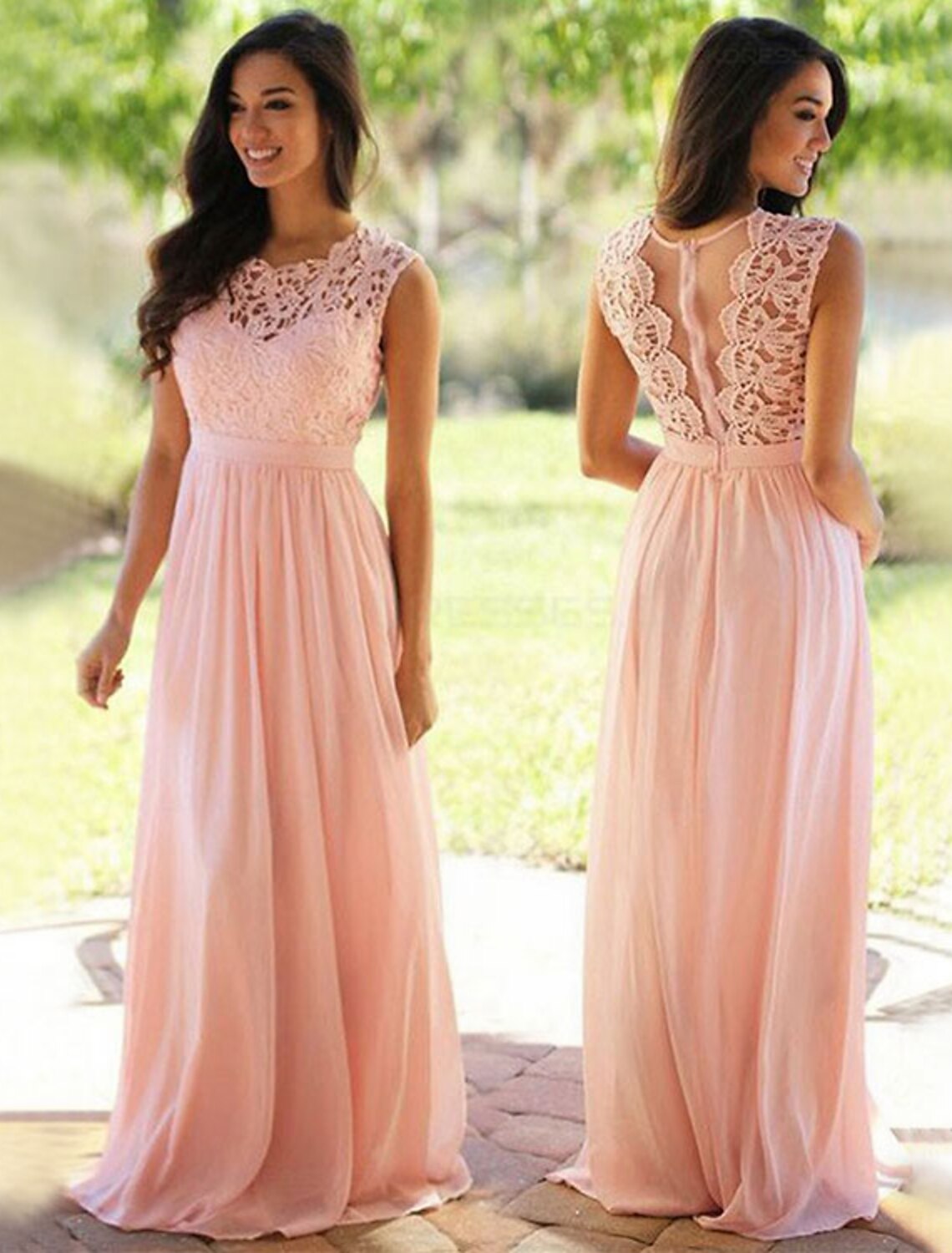 Wholesale A-Line Bridesmaid Dress Jewel Neck Sleeveless Elegant Floor Length Chiffon / Lace with Sash / Ribbon / Pleats